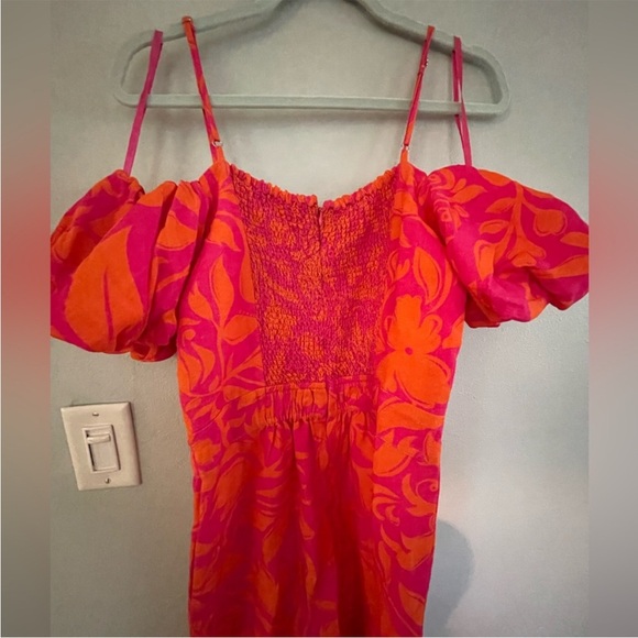 Anthropologie Ranna Gill Off-Shoulder Pink & Orange Wide-Leg Jumpsuit S 4-6 - Picture 6 of 10